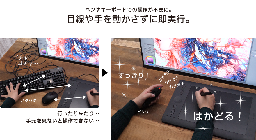 ペンやキーボードでの操作が不要に。目線や手を動かさずに即実行。